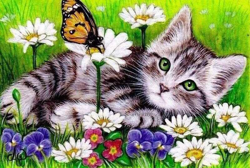 Kitten in Flowers — Green, Serene, Spring, Illustration, Butterfly