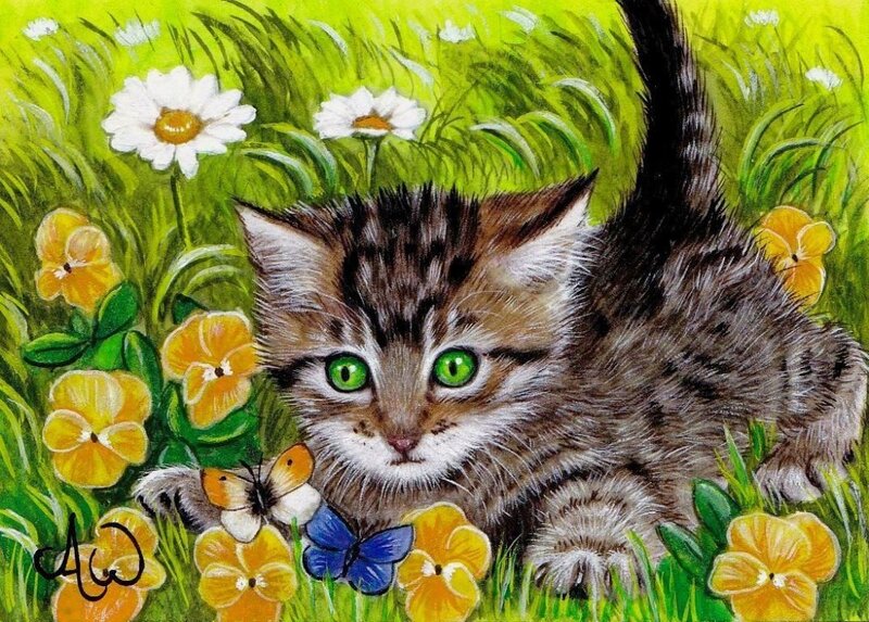 Kitten in Flowers — Green, Serene, Spring, Illustration