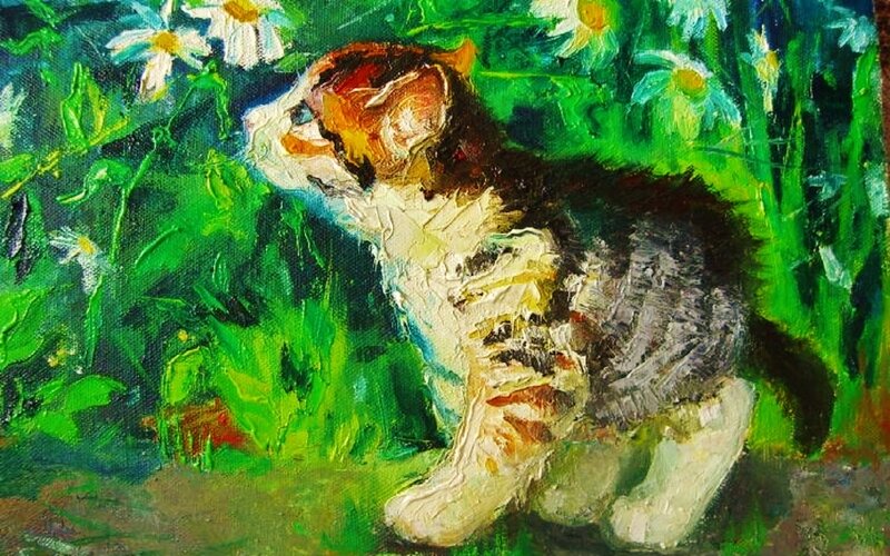 Kitten in Grass — Green, Calm, Afternoon, Painting