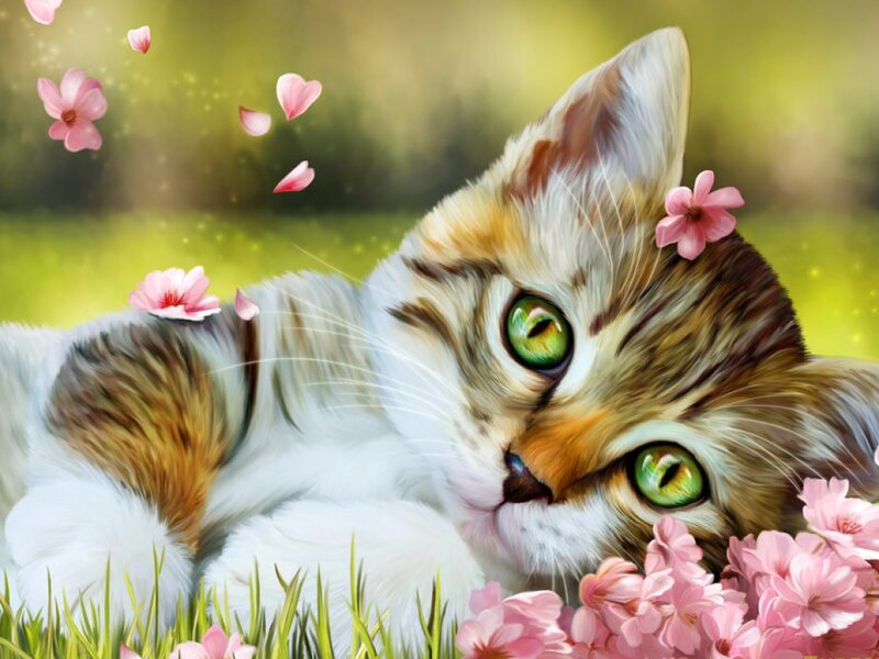 Kitten in Grass — Green, Serene, Spring, Digital Art