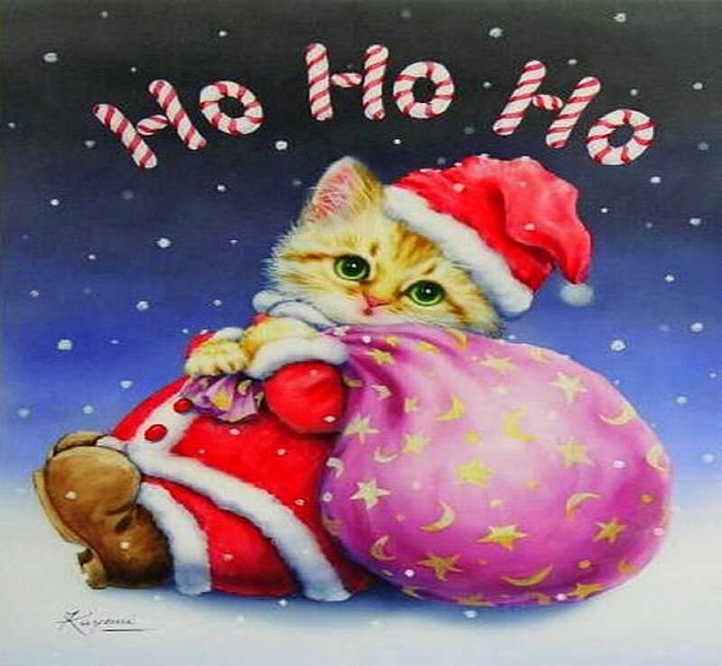 Kitten in Santa Hat — Red, Festive, Winter, Illustration