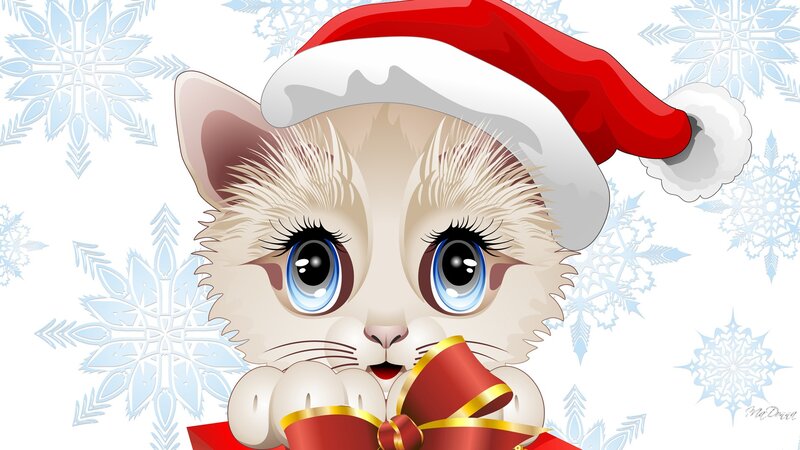 Kitten in Santa Hat — White, Festive, Winter, Digital Art
