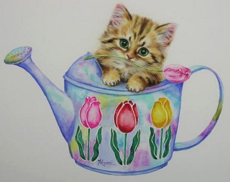 Kitten in Watering Can — Blue