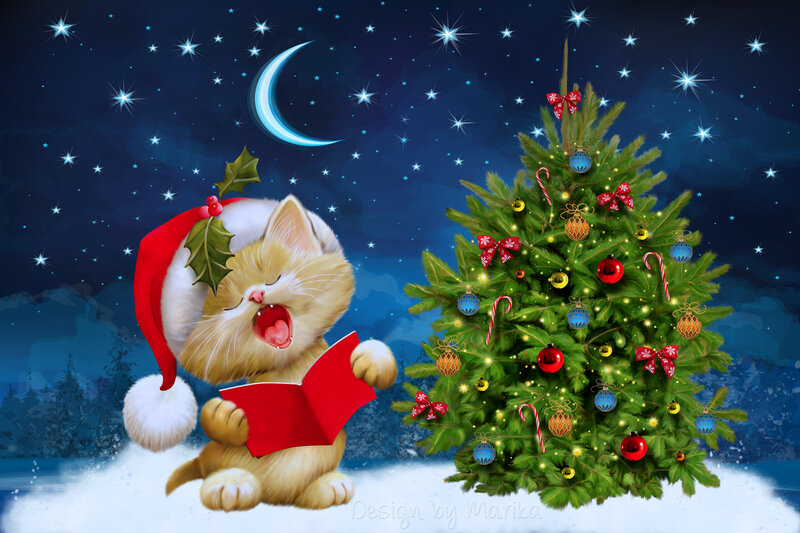 Kitten Singing Carols — Blue, Festive, Night