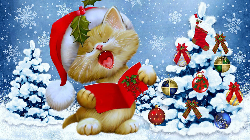 Kitten Singing Carols — Blue, Festive