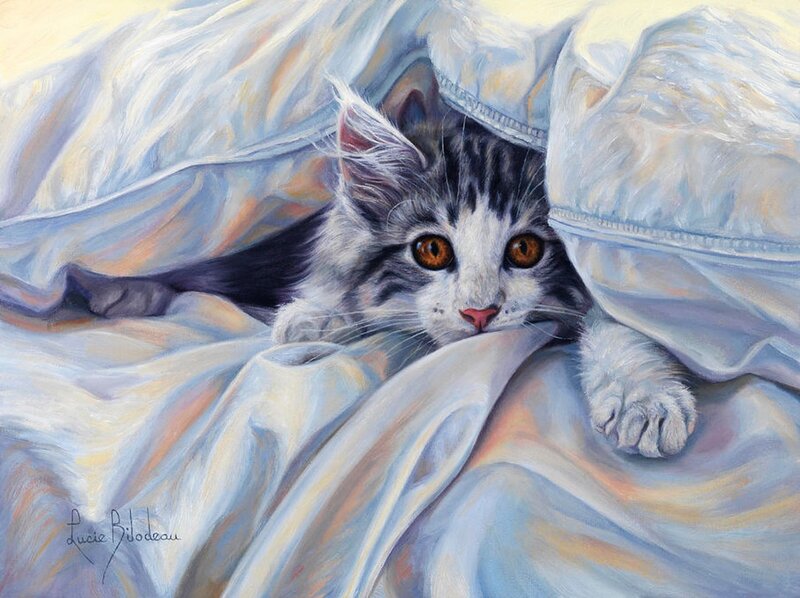 Kitten under Blanket — White, Calm, Painting