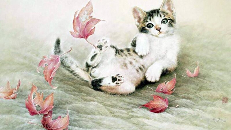 Kitten with Autumn Leaves — White