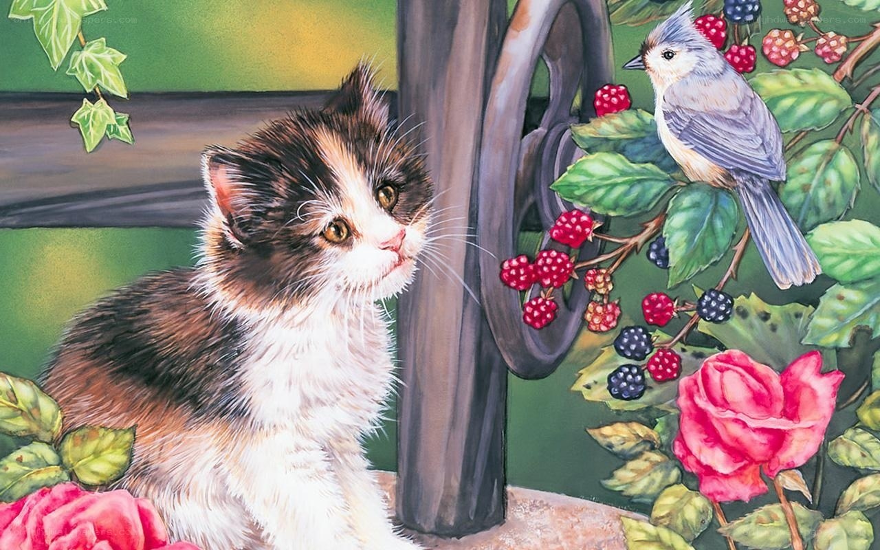 kitten with bird and berries