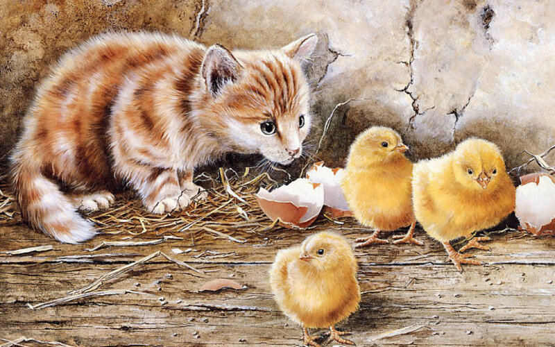Kitten with Chicks — Brown, Calm, Painting