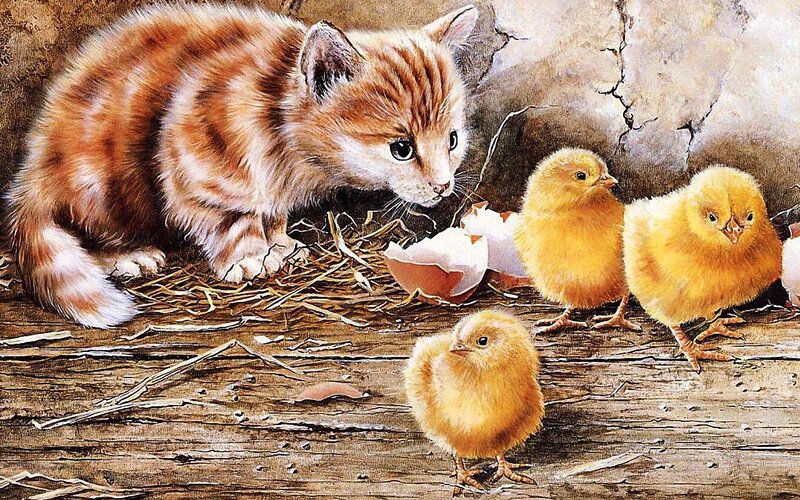 Kitten with Chicks — Brown