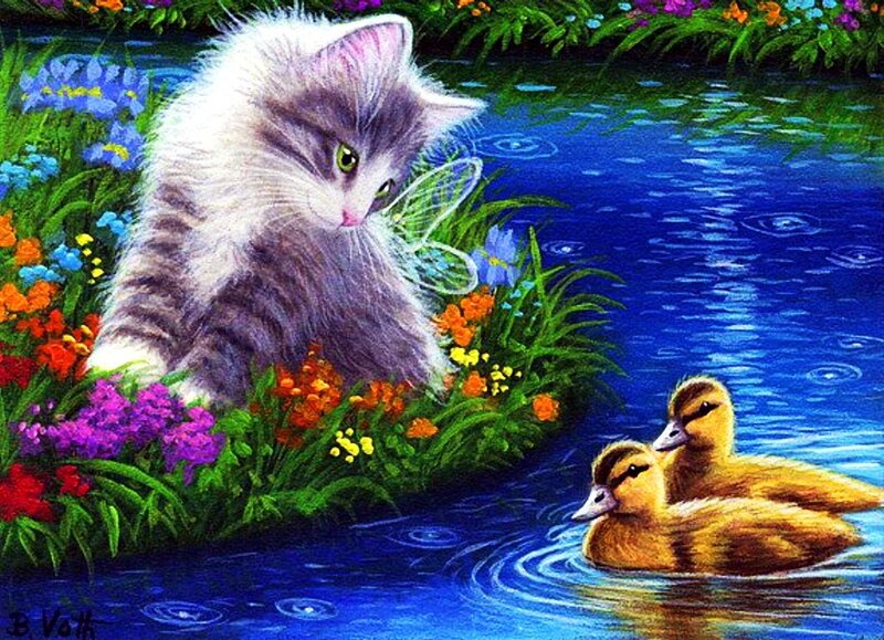 Kitten with Ducklings — Blue