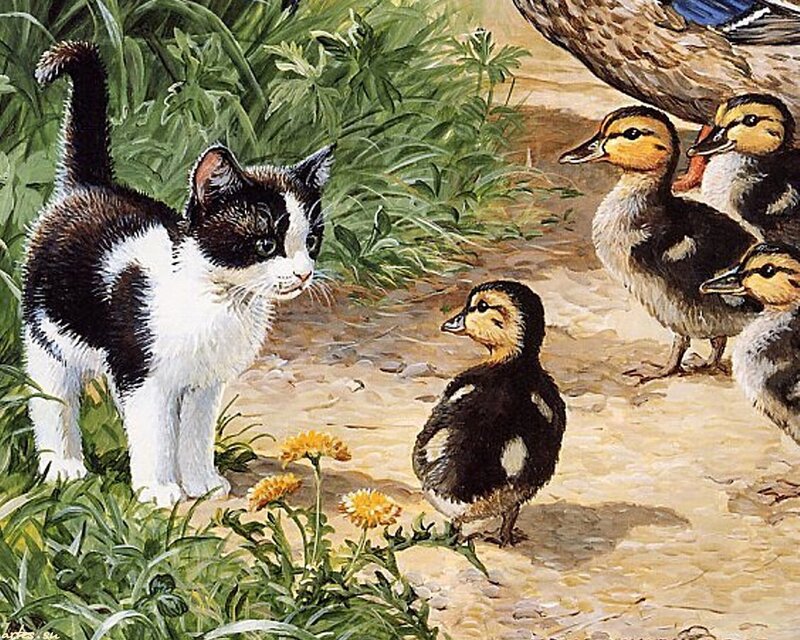 Kitten with Ducklings — Green