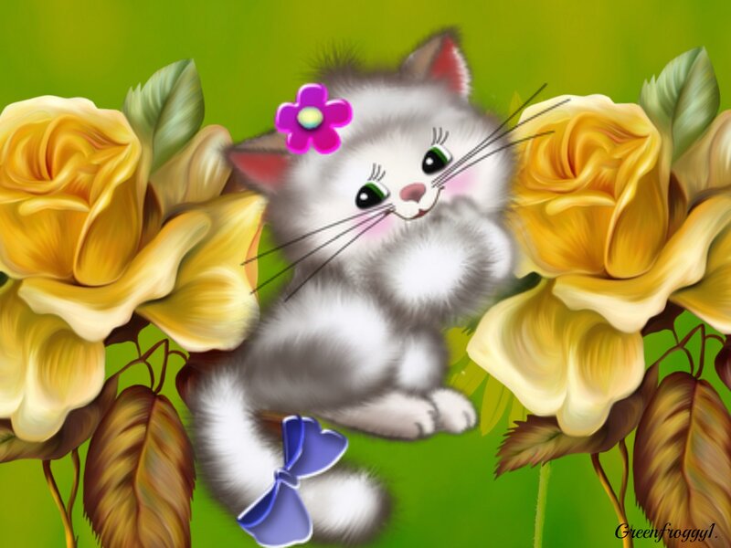 Kitten with Flowers — Green