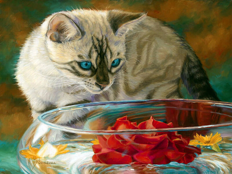 Kitten with Flowers — Red, Calm, Painting
