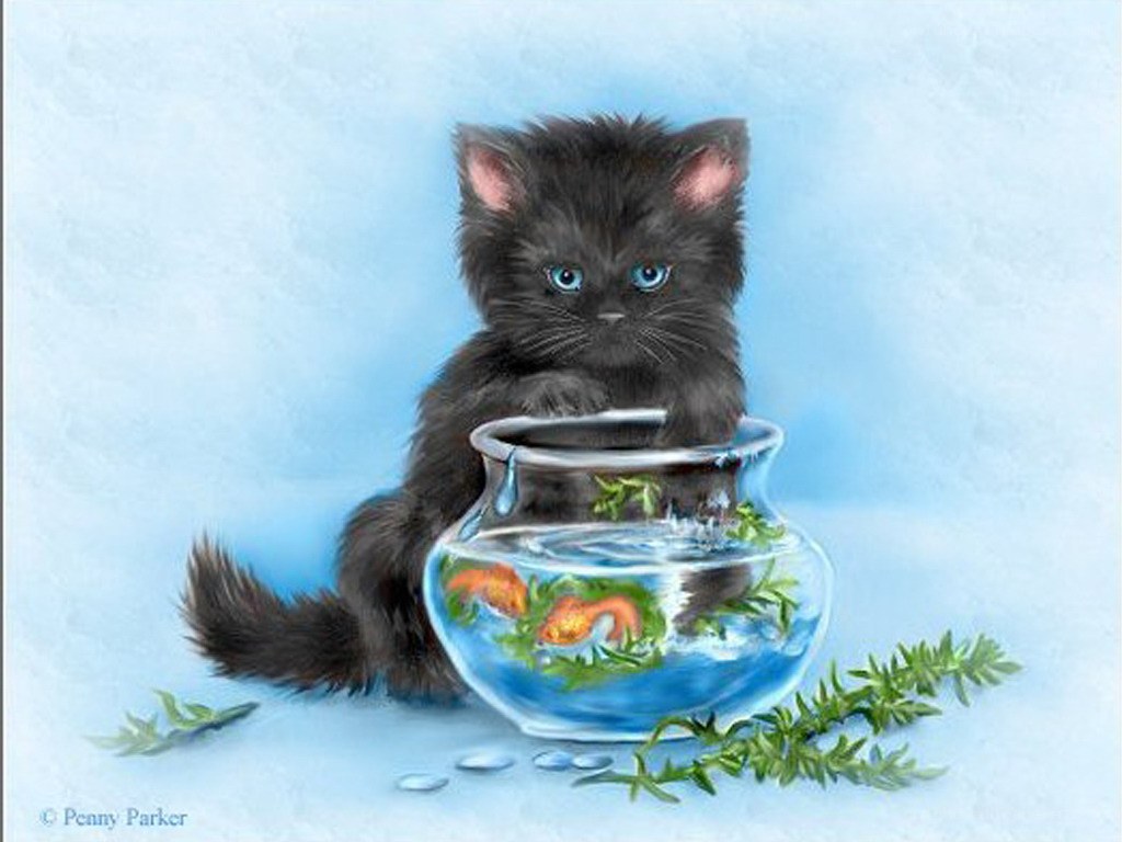 kitten with goldfish bowl