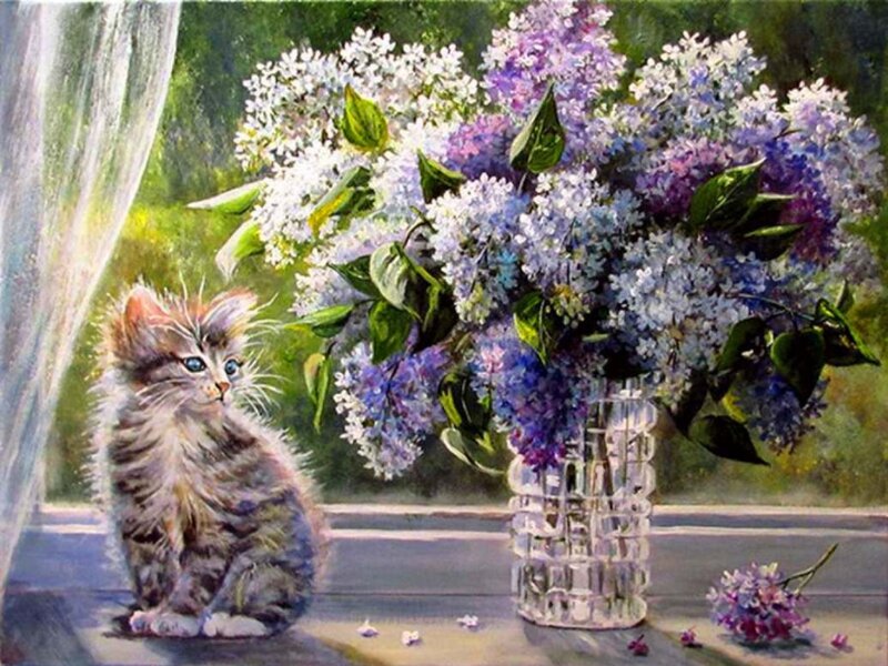 Kitten with Lilac Bouquet — Purple, Serene