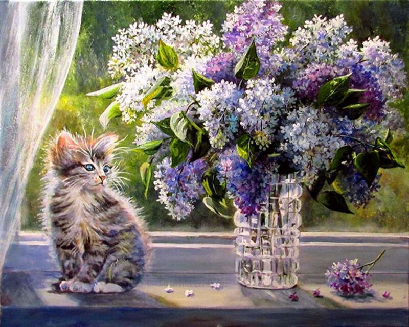 Kitten with Lilac Bouquet — Purple