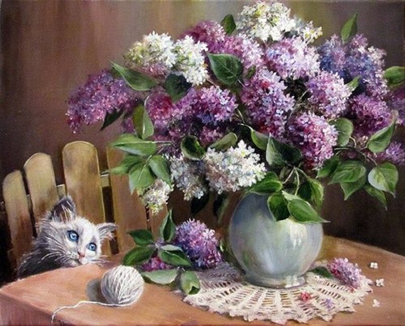 Kitten with Lilac Bouquet