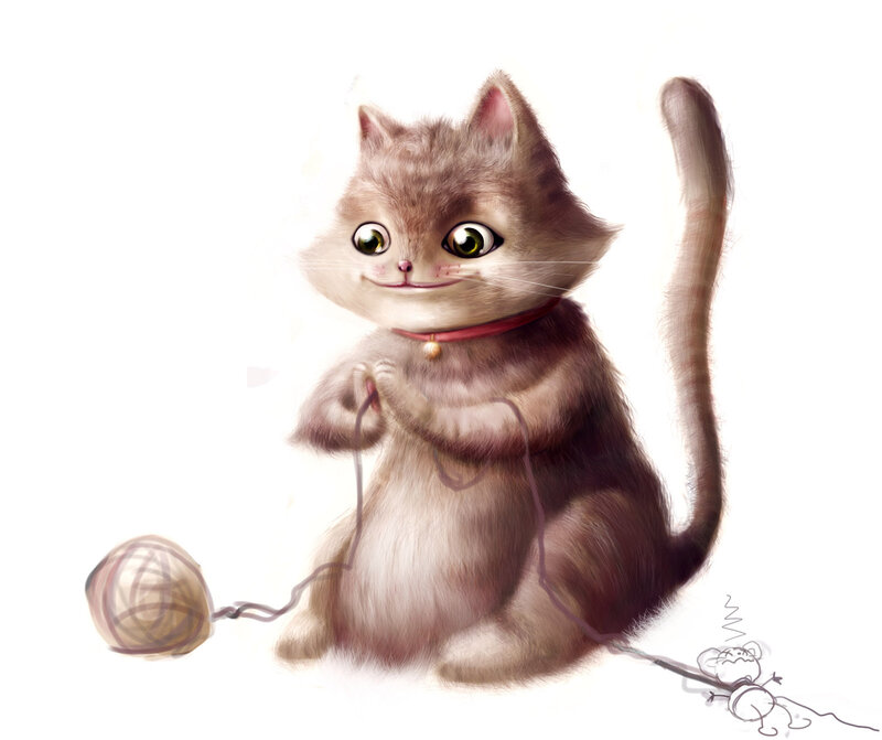 Kitten with Yarn Ball — Brown