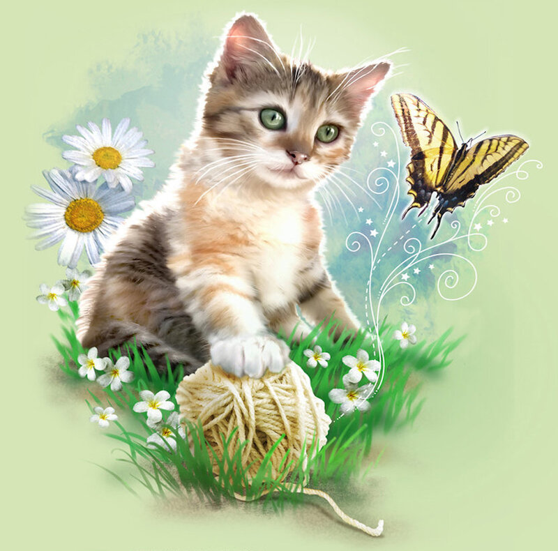 Kitten with Yarn Ball — Green, Playful