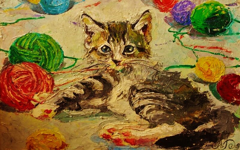 Kitten with Yarn Balls — Green