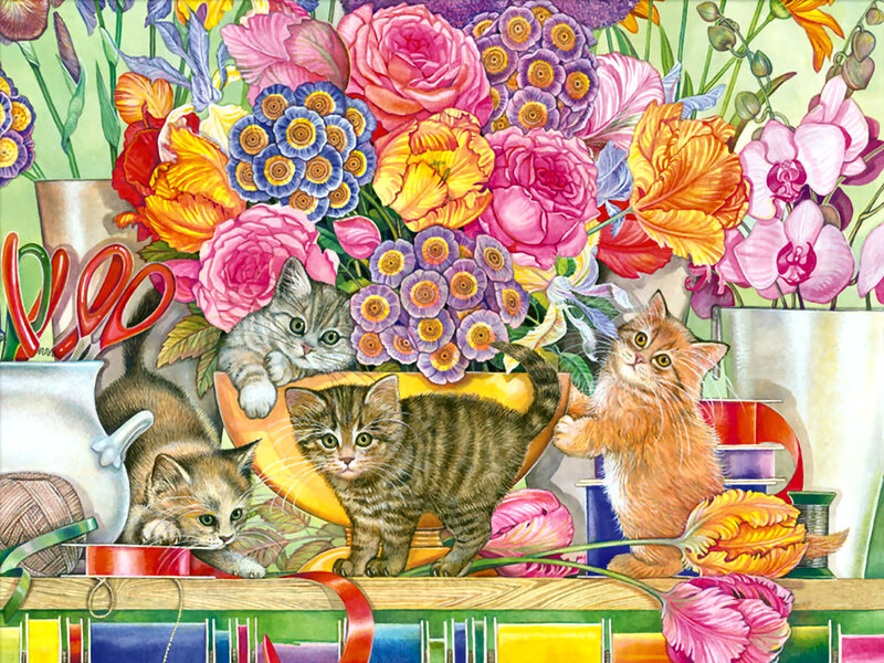 Kittens Among Flowers