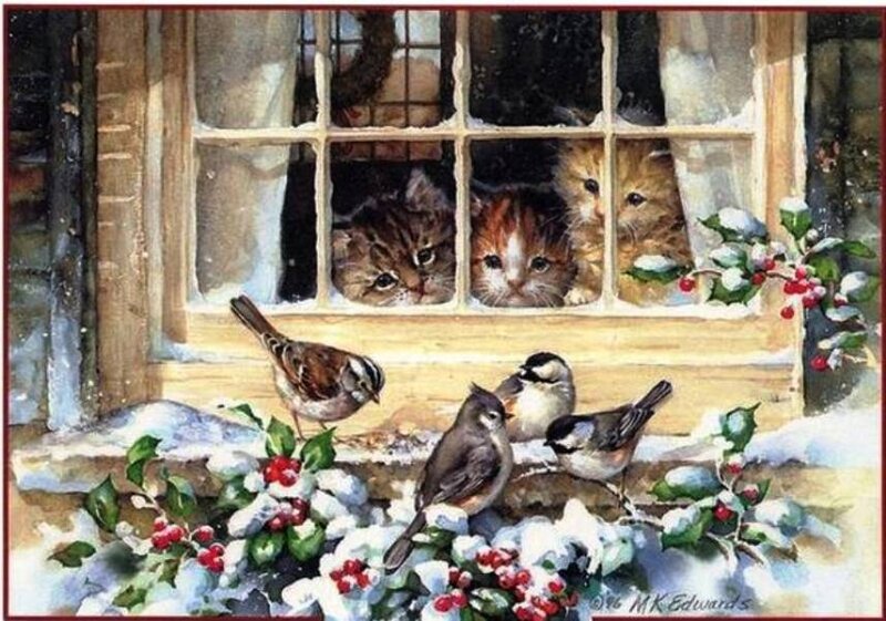 Kittens and Birds at Window