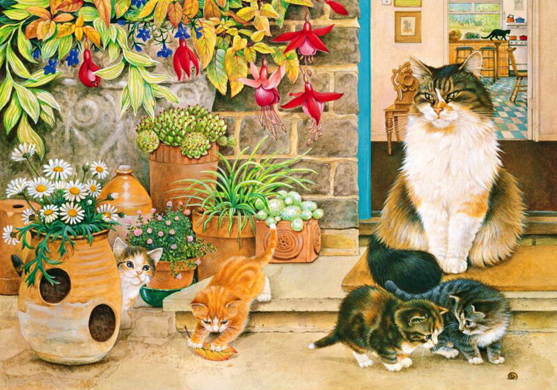 Kittens and Cat in Garden — Brown