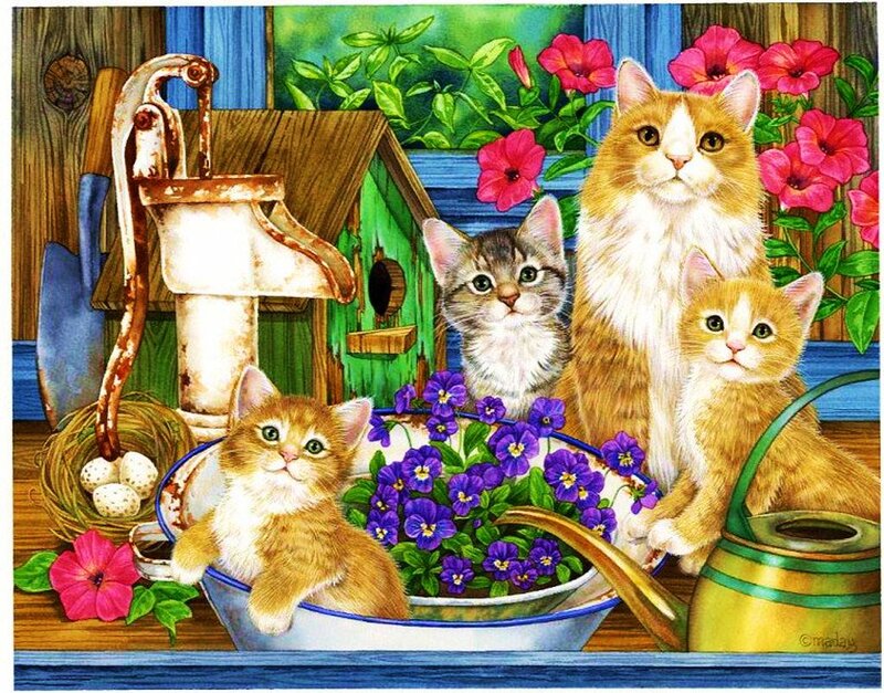 Kittens and Cat in Garden — Green