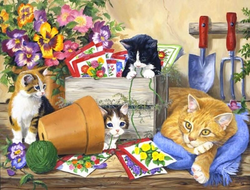 Kittens and Cat in Garden
