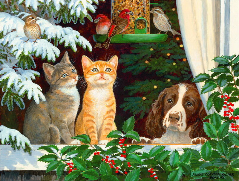 Kittens and Dog at Window