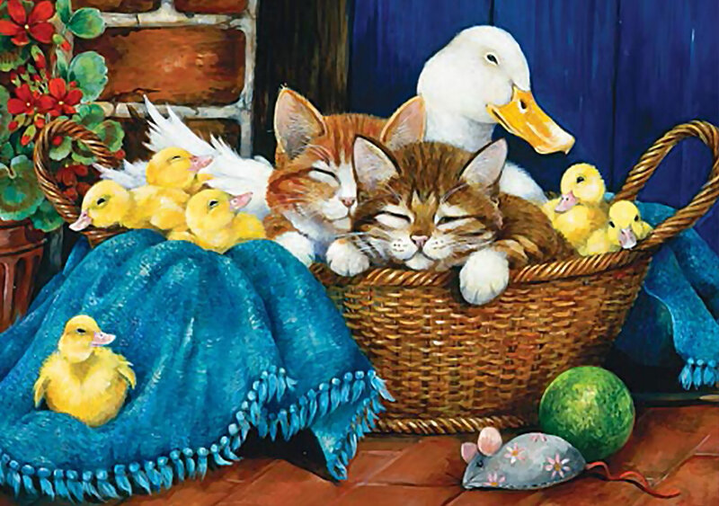 Kittens and Ducklings in Basket