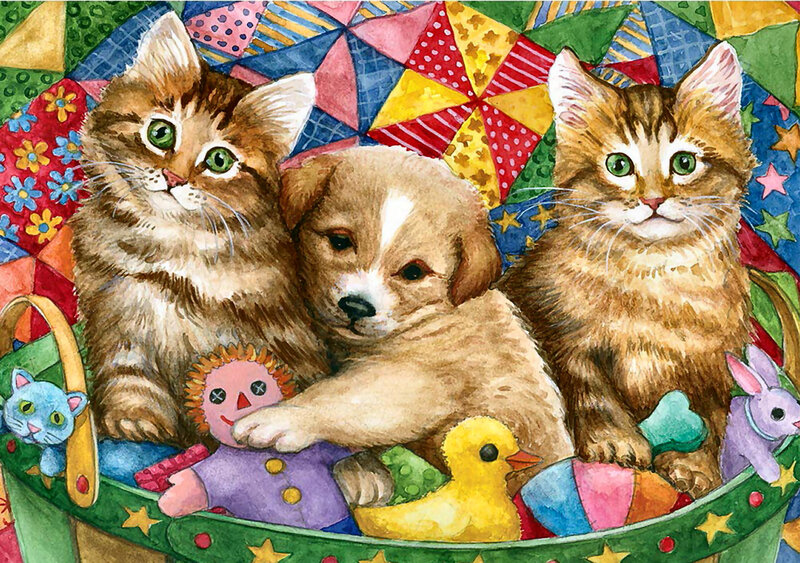 Kittens and Puppy in Basket — Green