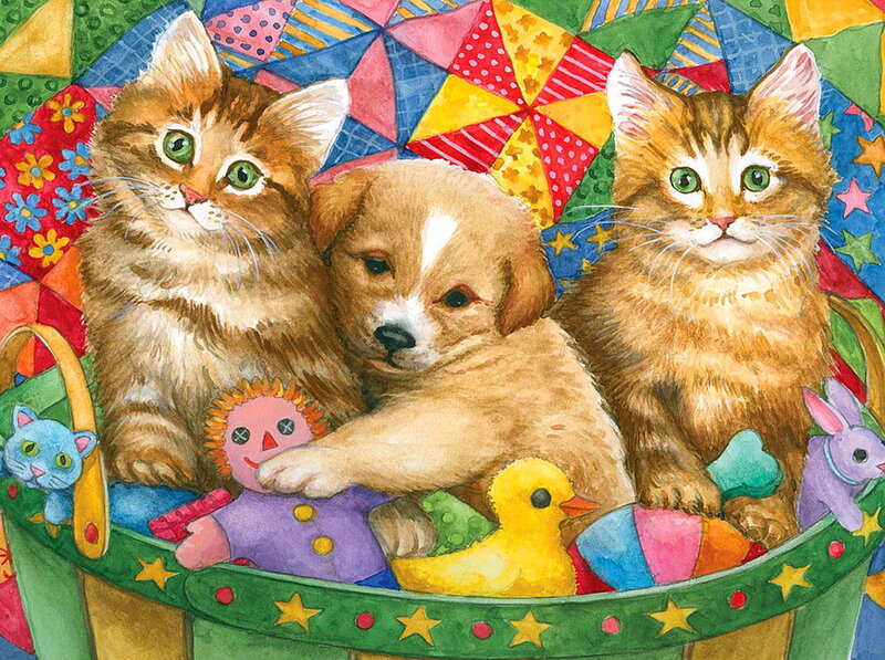 Kittens and Puppy in Basket