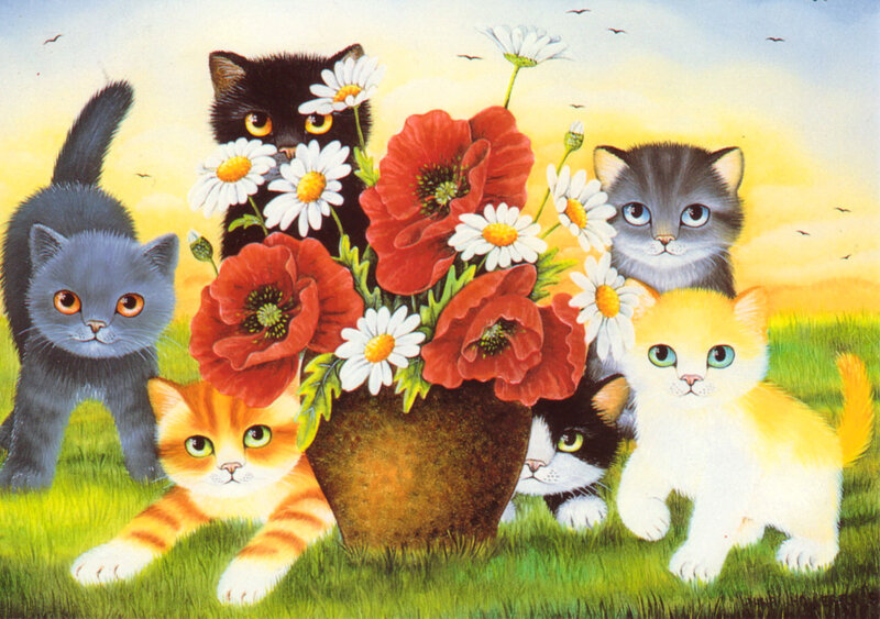 Kittens Around Flowers
