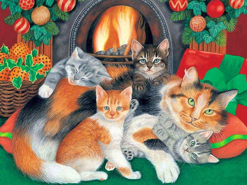 Kittens by Fireplace — Green, Cozy