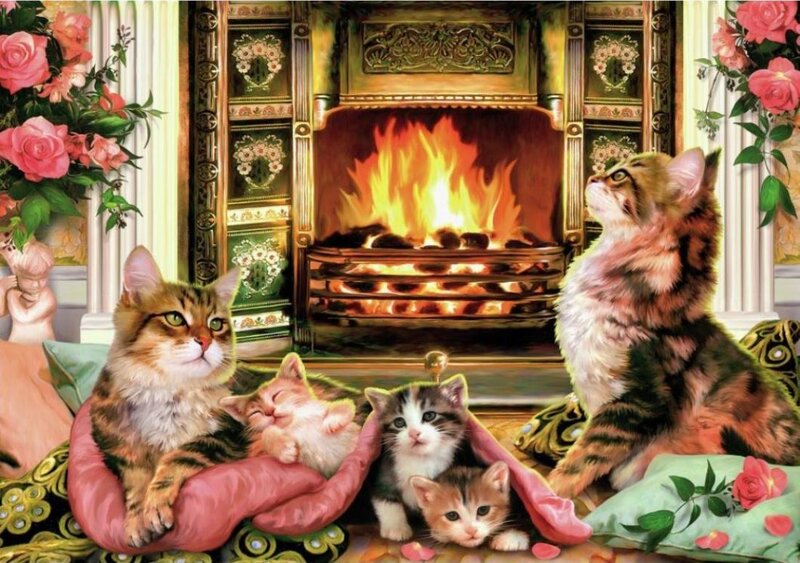 Kittens by Fireplace — Pink