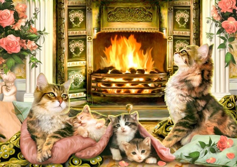 Kittens by Fireplace