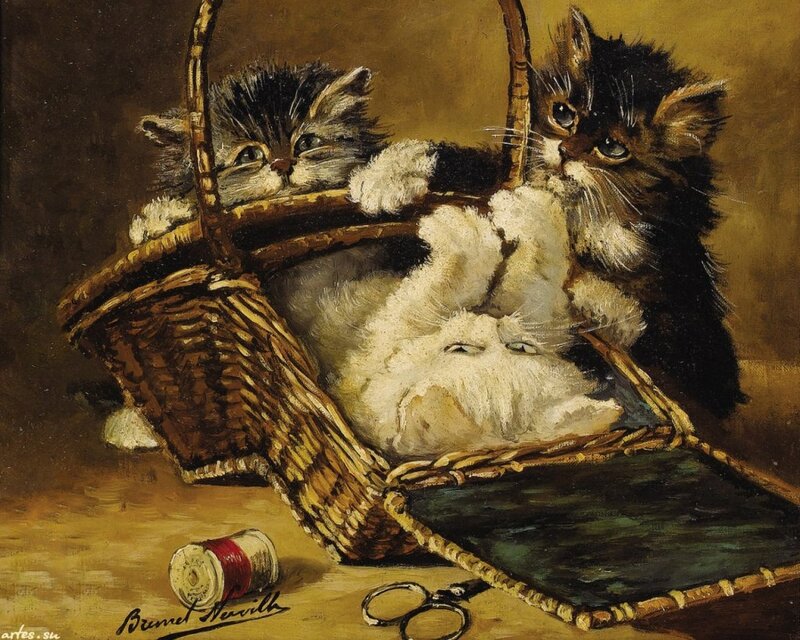 Kittens in a Basket — Brown, Calm, Painting, Scissors