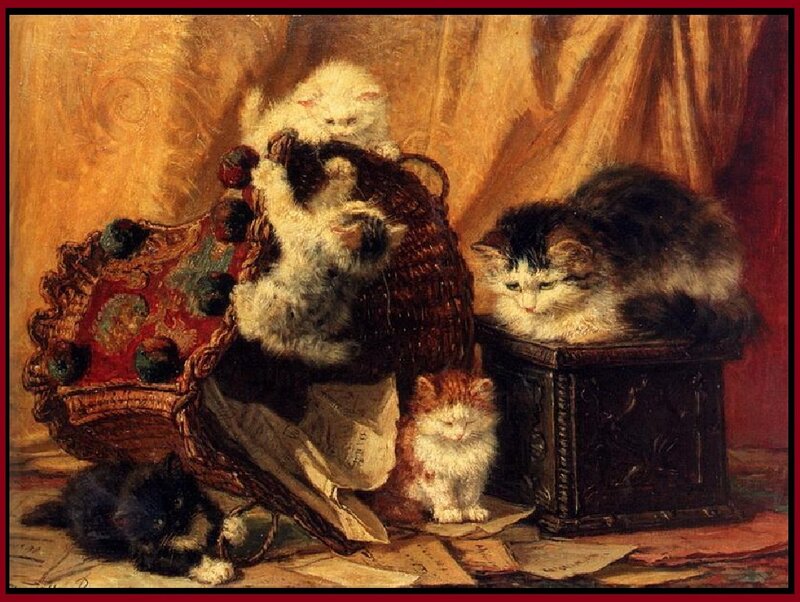 Kittens in a Basket — Brown, Calm, Painting