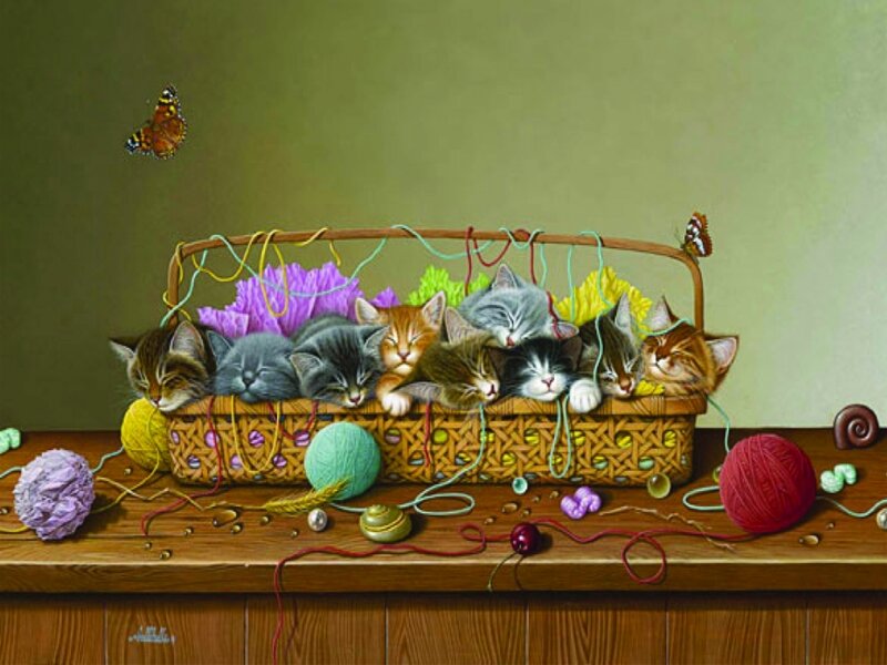 Kittens in a Basket — Brown, Peaceful