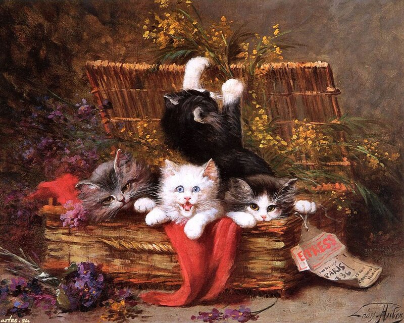 Kittens in a Basket — Brown, Playful, Painting