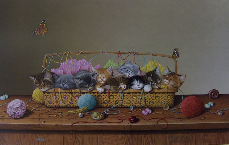 Kittens in a Basket — Brown, Serene, Painting