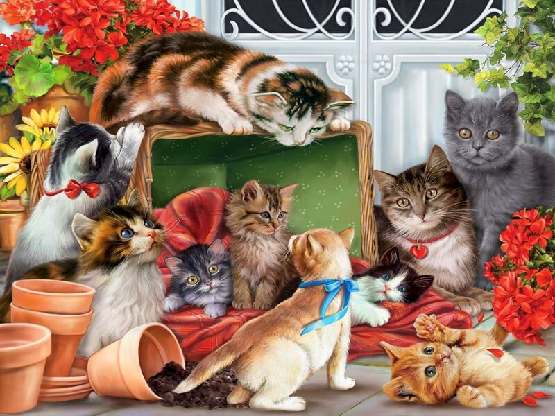 Kittens in a Garden — Red