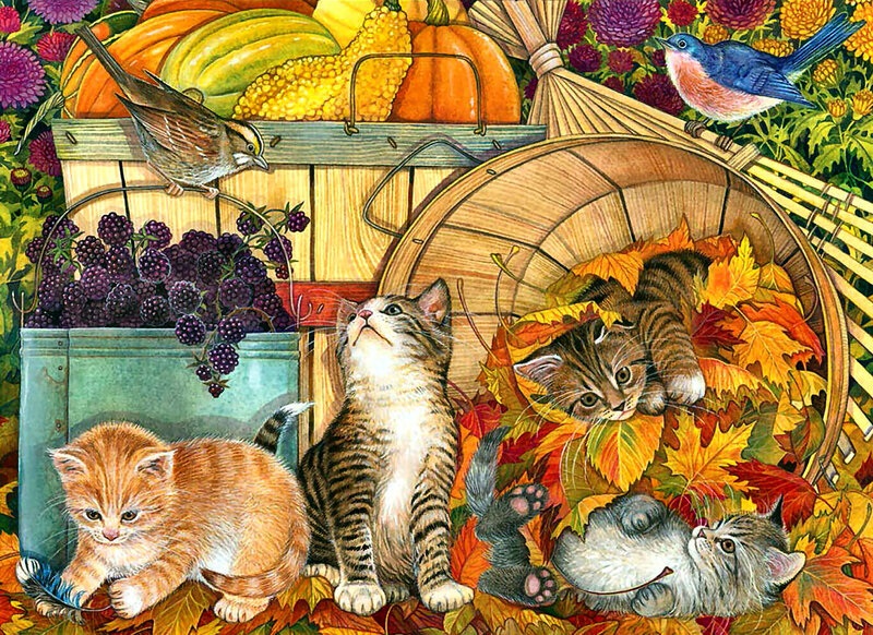Kittens in Autumn Leaves — Orange, Festive