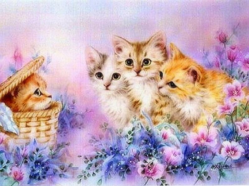 Kittens in Flowers — Purple