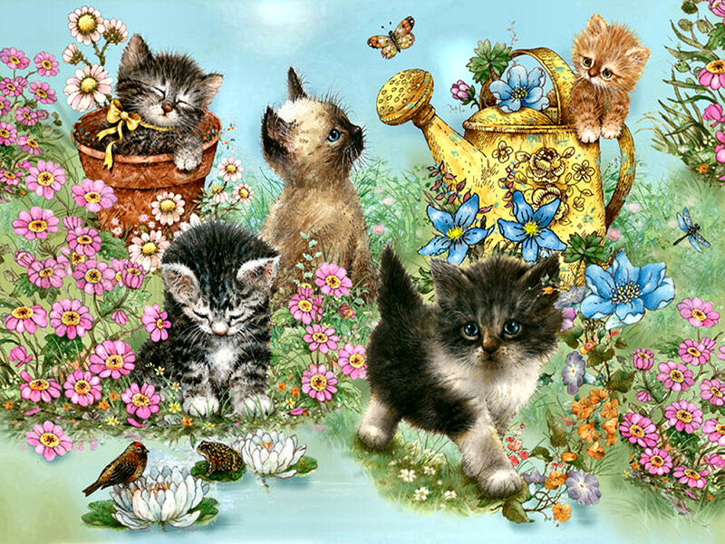 Kittens in Garden — Blue, Playful
