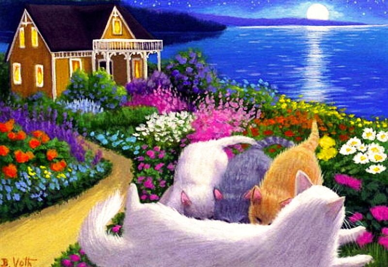 Kittens in Garden — Blue, Serene, Night
