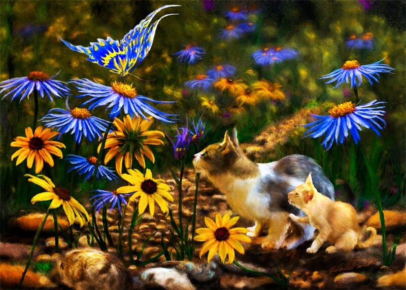 Kittens in Garden — Blue, Serene