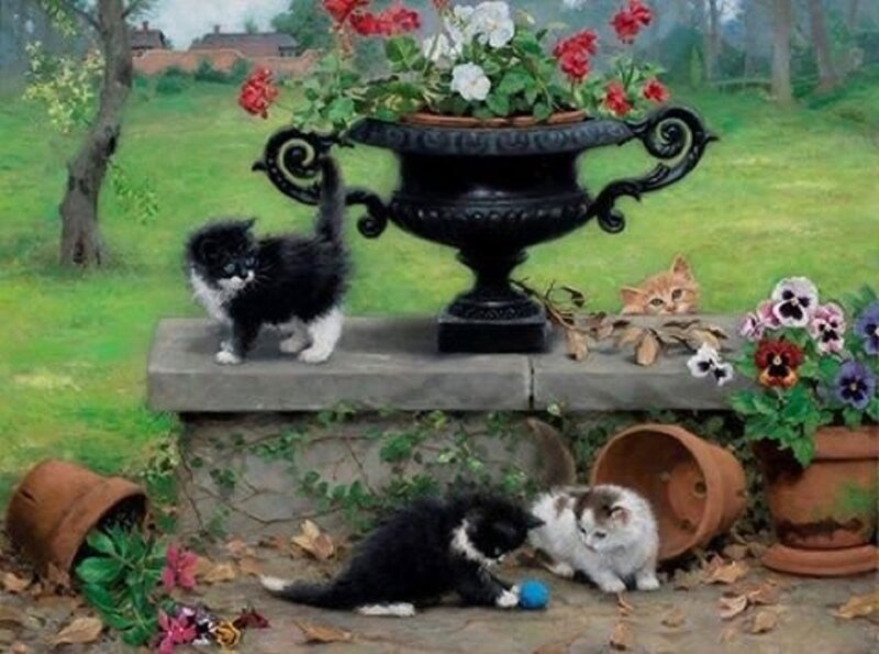 Kittens in Garden — Green, Peaceful, Afternoon, Painting